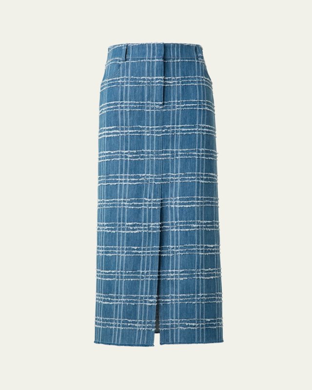 Fringed Check Denim Midi Skirt